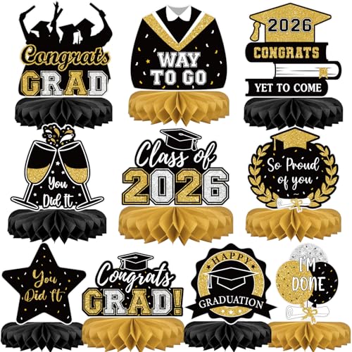 Class of 2026 Graduation Honeycomb Table Centerpieces - Black, 10-Piece Set