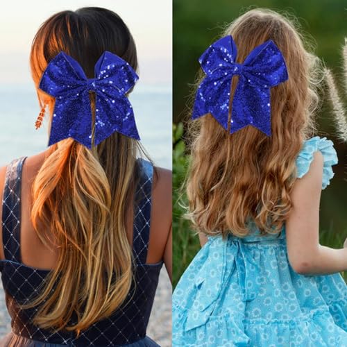 JOYRUBY 7 Inch Large Sequin Deep Blue Hair Bow Clip Cheer Bow