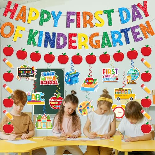 Happy First Day of Kindergarten Decorations Set - Banner & Swirls