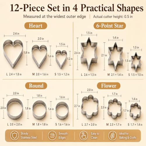 12-Piece Stainless Steel Cookie Cutter Set - Hearts, Stars & Flowers