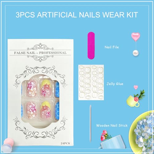 Short Oval Press on Nails Summer Beach Blue Sea Starfish Flowers Design