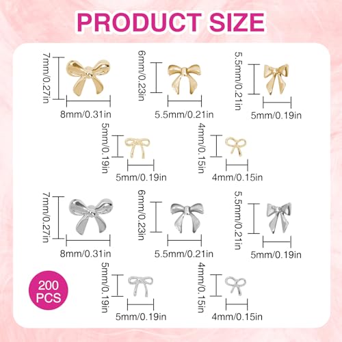 200 Pcs Gold and Silver Bow Nail Charms 3D Alloy Bows
