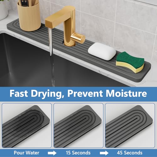 Dark Gray Diatomite Stone Faucet Mat 23.7" x 4" - Super Absorbent, Quick Drying