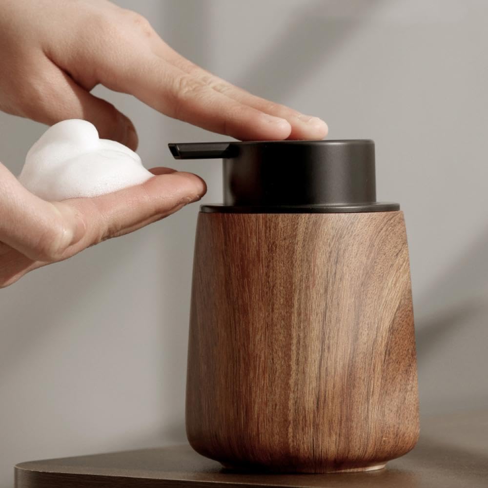 Sizikato Wood Texture Push-Type Foaming Bottle, 10 Oz Shower Gel Shampoo Hand Soap Bottle