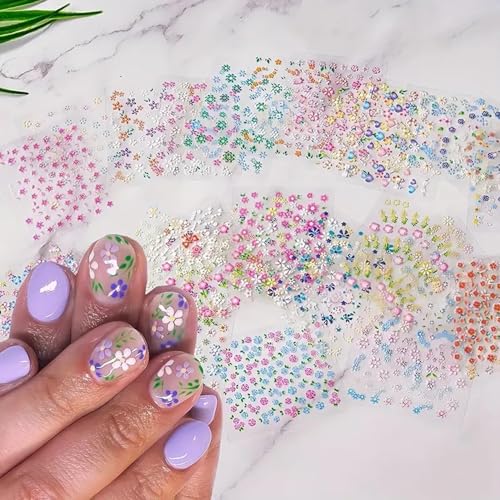 30 Sheets Colorful Flower Nail Art Stickers with Rhinestones 3D Decals