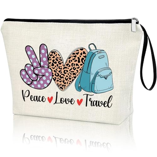 Virfuntaki Linen Travel Cosmetic Bag Peace Love Travel Organizer Pouch