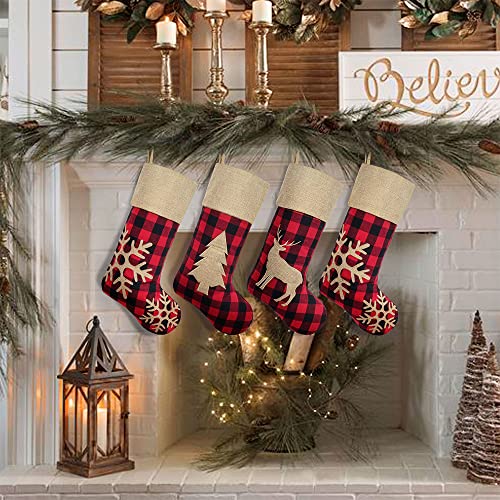 Rustic Christmas Stockings 4 Pack - 18 Inch Red Black Buffalo Plaid Holiday Decor