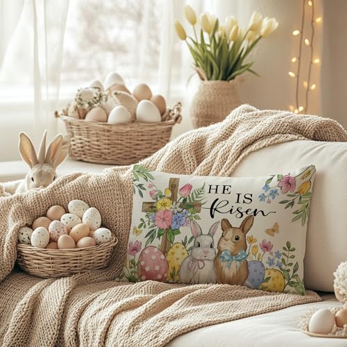 Easter Pillow Cover 12x20 Inch with Cross Bunny Eggs Design