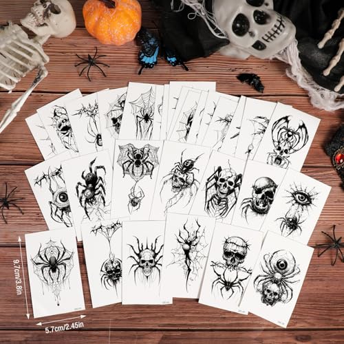 Konsait 30 Sheets Skeleton Spider Temporary Tattoos for Halloween Makeup