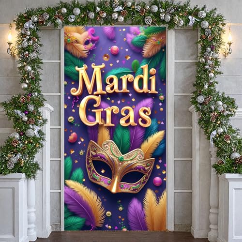 Mardi Gras Door Cover Banner - Purple Mask Fat Tuesday Decor