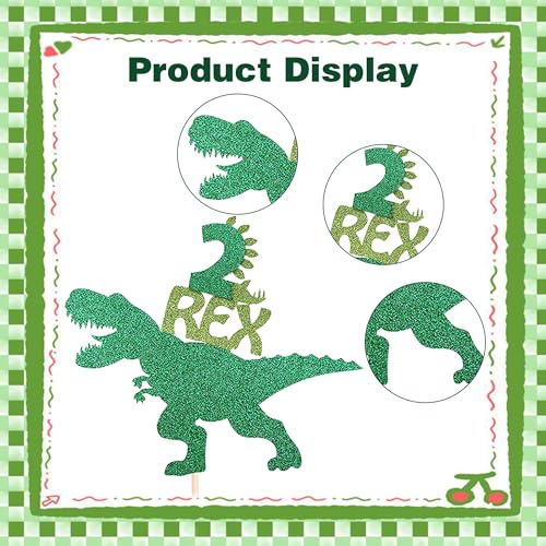 Dinosaur 2nd Birthday Cake Topper - Green Glitter T-Rex Decoration