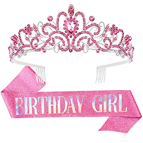 COCIDE Birthday Girl Pink Sash and Crystal Rhinestone Tiara Set