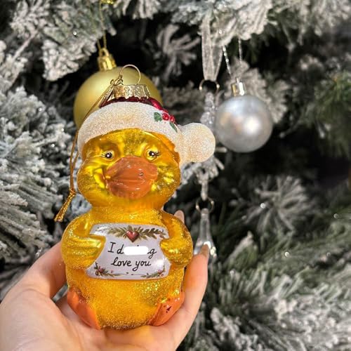 Funny Christmas Ornament - Glass Duck with Santa Hat & Witty Love Sign