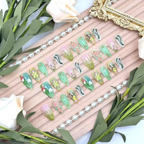 Green Press on Nails Medium Almond 3D Koi Fish Flower Fake Nails