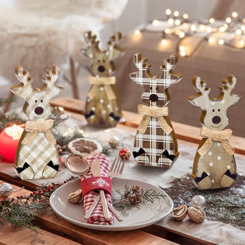 Wooden Reindeer Christmas Decor Set - Farmhouse Rustic Holiday Accent, 6 Pieces