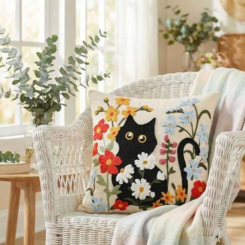 Black Cat Embroidered Throw Pillow Cover - 18" x 18" Floral Design