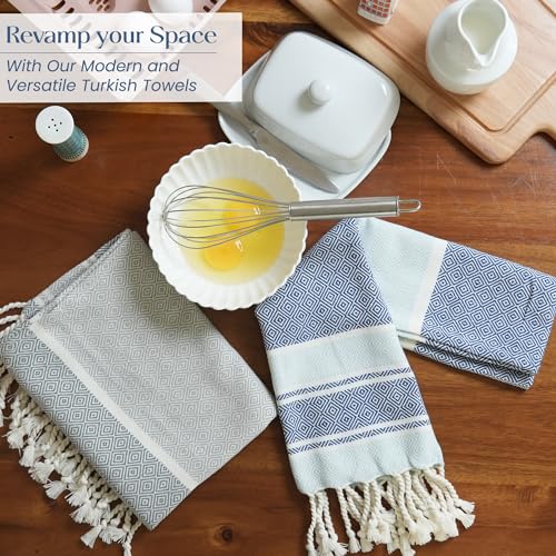 Turkish Cotton Kitchen Towels - 40x18" Set of 2, Blue & Gray Decorative Set