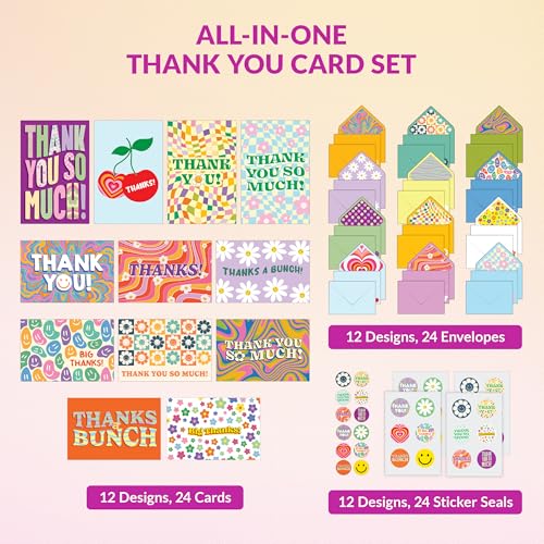 Kids Thank You Cards Set with Envelopes - 24 Retro Groovy Designs