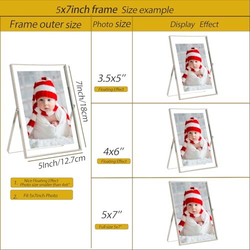 GorYeeFine Silver 5x7 Floating Picture Frame - Fits 3.5x5 & 4x6 Photos, Adjustable for Tabletop & Shelf Display, Wedding & Holiday Decor - Silver / 5x7 For 4x6