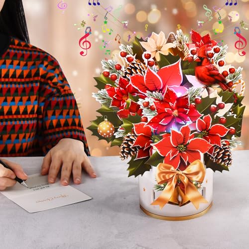 Musical Pop-Up Christmas Card with Lights - 12 Inch Poinsettia Bouquet, Flower Variation