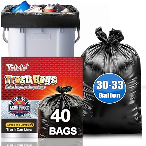 Teivio 30-33 Gallon Black Trash Bags - 40 Count, All Purpose