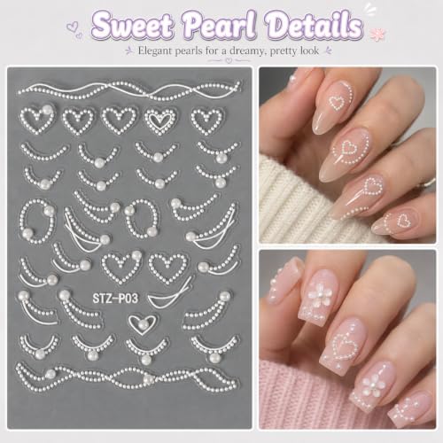 TailaiMei Pearl Studded French Tip Nail Stickers White Self-Adhesive Decals
