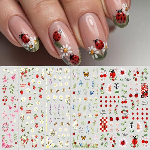 TailaiMei Flower and Insect Self-Adhesive Nail Art Decals, 5 Sheets
