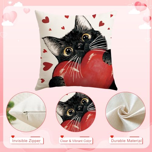 OTOSTAR Valentine's Day Decorative Pillow Covers Set of 2 - 18x18 Inch Red Heart Black Cat
