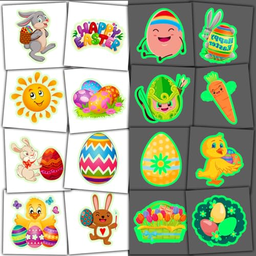 JCFIRE 102pcs Glow in the Dark Easter Temporary Tattoos for Kids