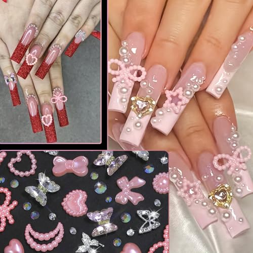 HNUIX 3D Nail Charms Kit with Rhinestones Pearls and Tools