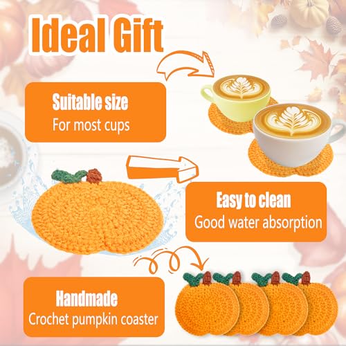 FUTBU Handmade Pumpkin Crochet Coasters - 4 Pack Fall Table Decor