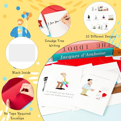 10 Humorous Father's Day Cards with Envelopes - Funny Birthday Greeting Set