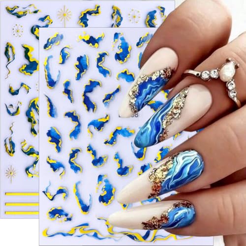 Sutaozhi 6 Sheets French Marble Nail Art Stickers 3D Gold Decals