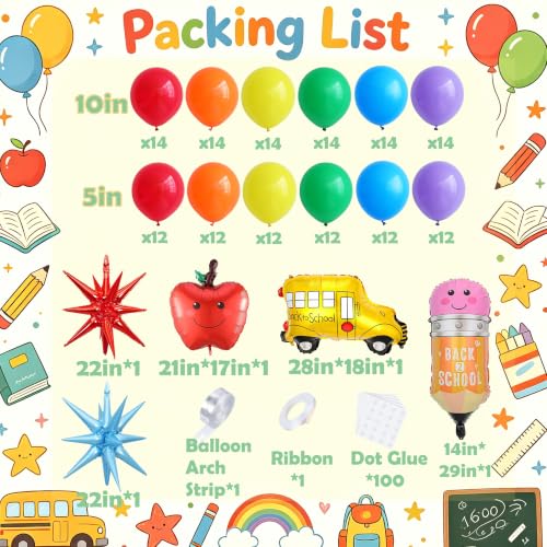 Back to School Balloon Arch Kit - 161Pcs Rainbow Balloons & Foil Designs