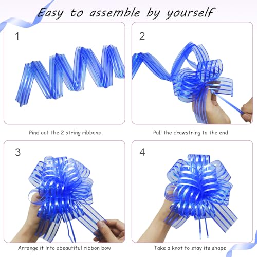 6 Large Blue Organza Pull Bows for Gift Wrapping & Decorations