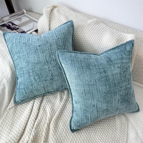 Teal Chenille Throw Pillow Covers Set of 2 - 16x16 Decorative Cushions
