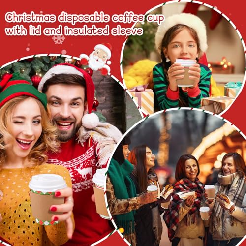 100 Sets Christmas Coffee Cups with Lids & Sleeves - 9 oz Cute Holiday Design