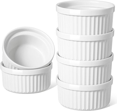 LE TAUCI Ramekins Set of 6 - 8 OZ Oven Safe Ceramic Custard Cups for Pudding & Dipping Sauces - White