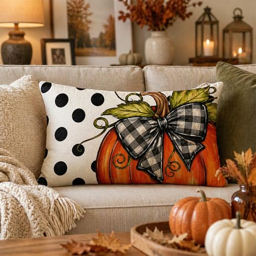Polka Dot Pumpkin Throw Pillow Cover 12x20 Inch - Autumn Fall Decor