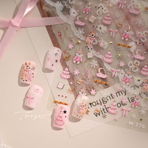 Pink Christmas 5D Embossed Nail Art Stickers Decals - Xmas Tree Snowflake Bear