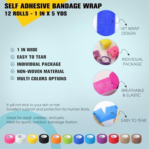 12 Pack Self Adhesive Bandage Wrap, 1 in x 5 Yards Non-Woven Self Adherent Cohesive Bandage, Vet Wrap Wound Tape for Thumb Finger Wrist Knee Ankle, White