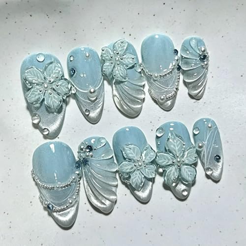 Blue Floral Press on Nails Medium Almond Fake Nails with Rhinestone