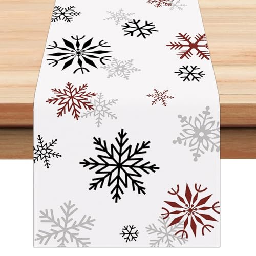 Bonhause Red & Black Snowflakes Winter Table Runner 13x90 Inch Holiday Decor