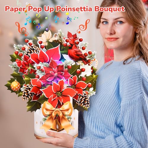 Musical Pop-Up Christmas Card with Lights - 12 Inch Poinsettia Bouquet, Flower Variation