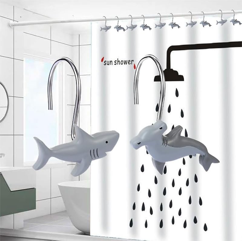 Shark Shower Curtain Hooks - Set of 12 Cute Bathroom Hangers
