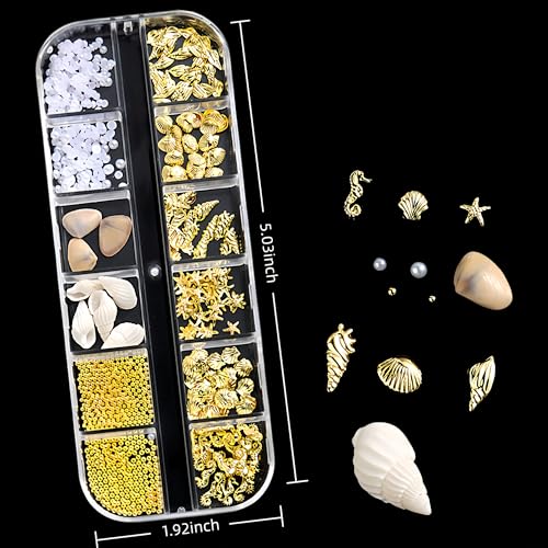 12 Grids Summer Beach Nail Charms 3D Seashell Starfish Pearls and Gold Rhinestones
