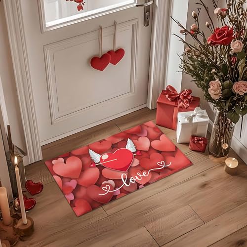 Red Love Heart Valentine's Day Doormat 30"x17" – Non-Slip, Durable