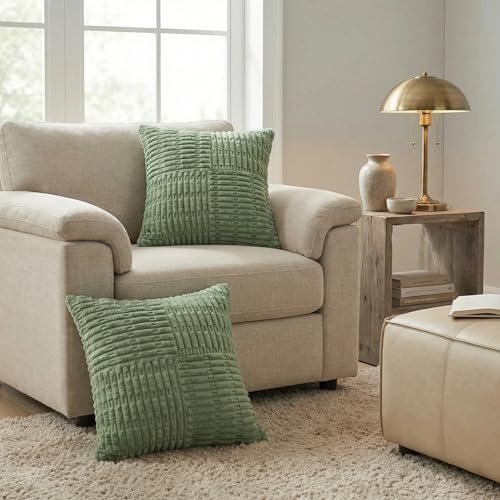 Ni-JASW Sage Green Corduroy Throw Pillow Covers 18x18 Set of 2 - Dual-Sided Design