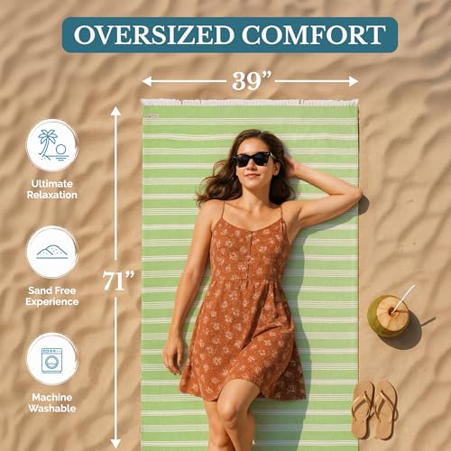 Casa Platino Oversized Beach Towel - Sand Free Turkish-Style, Jade Lime (1-Pack)