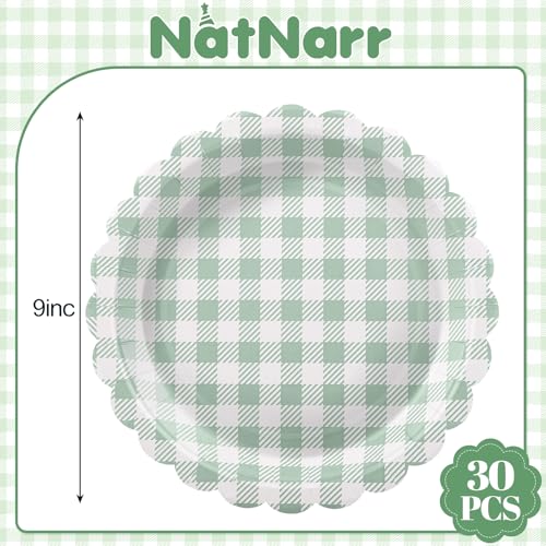 Sage Green Gingham Paper Plates, 30 Pack, 9 Inch, Scalloped